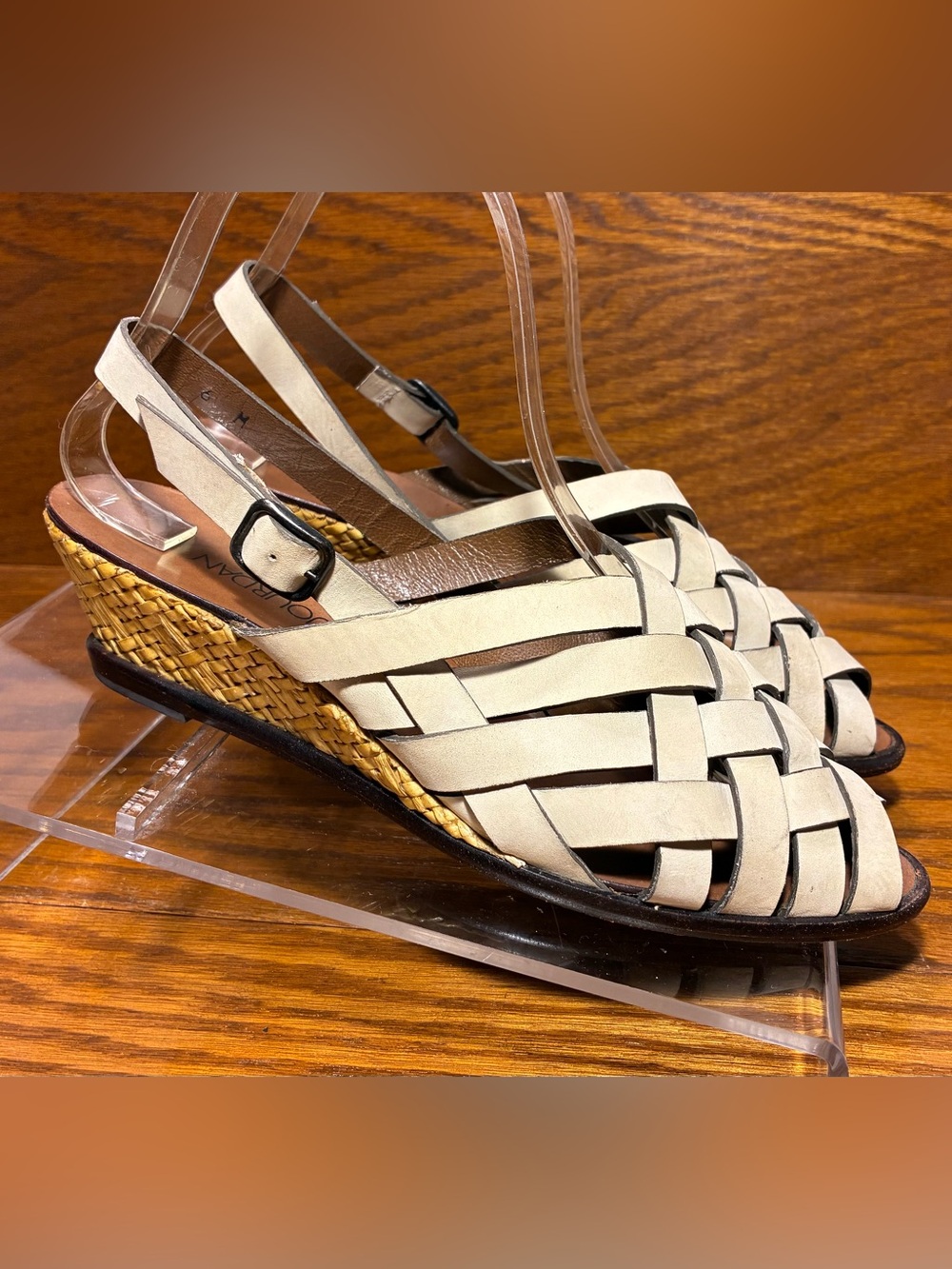Y2K VTG Charles Jourdan Woven Nubuck Woven Wedge Slingback Sandals Beige Size 6